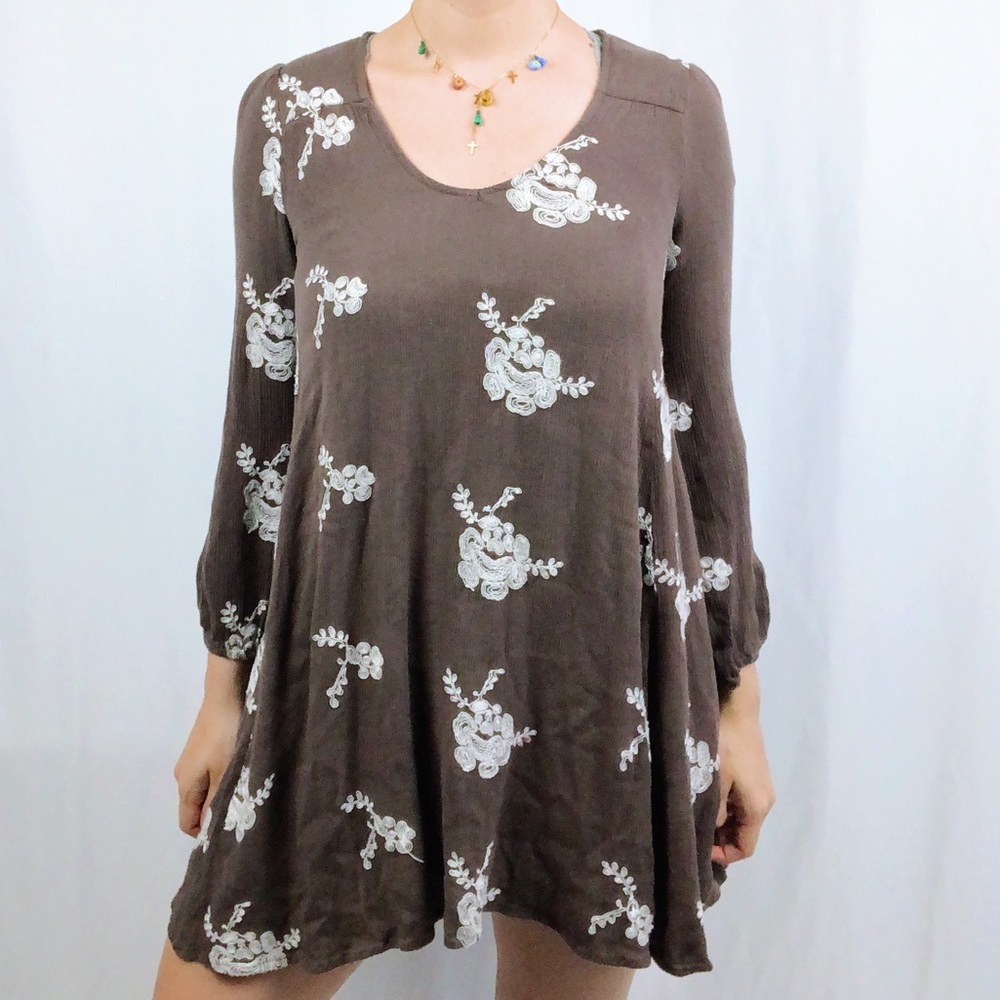 Brown floral embroidered long sleeve dress